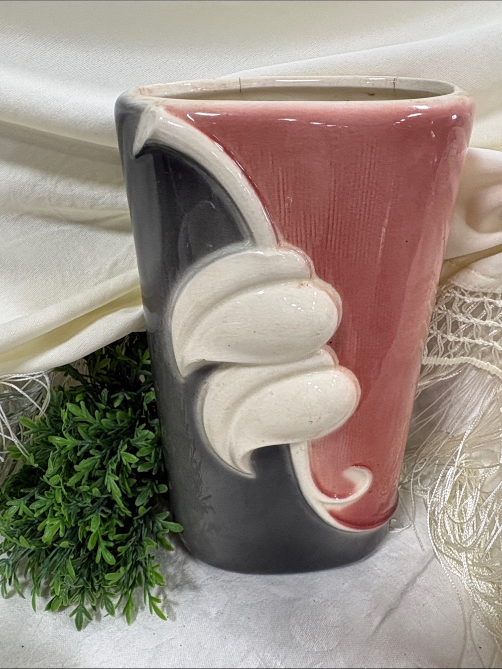 Vintage Ceramic Vase in Pink, Black & Cream
